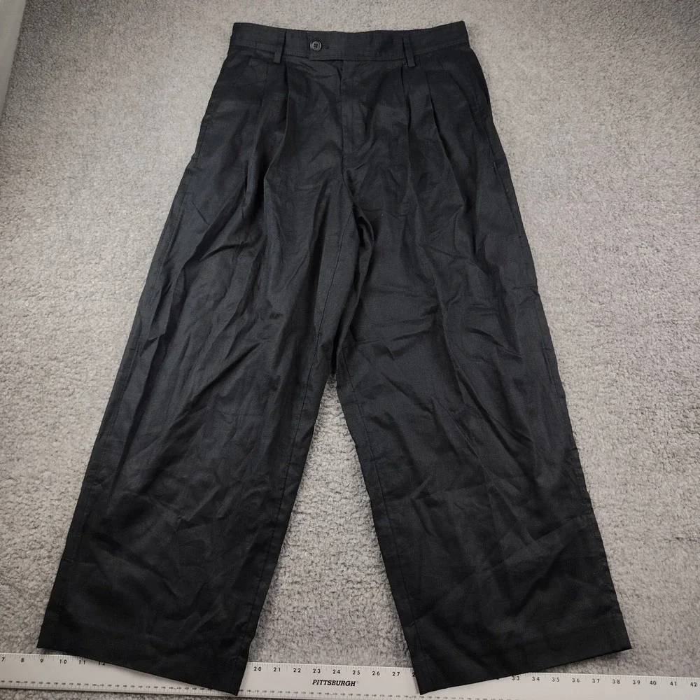 Banana Republic Pants Sz 12P Linen Blend Black Pleated Wide Leg Stretch EUC